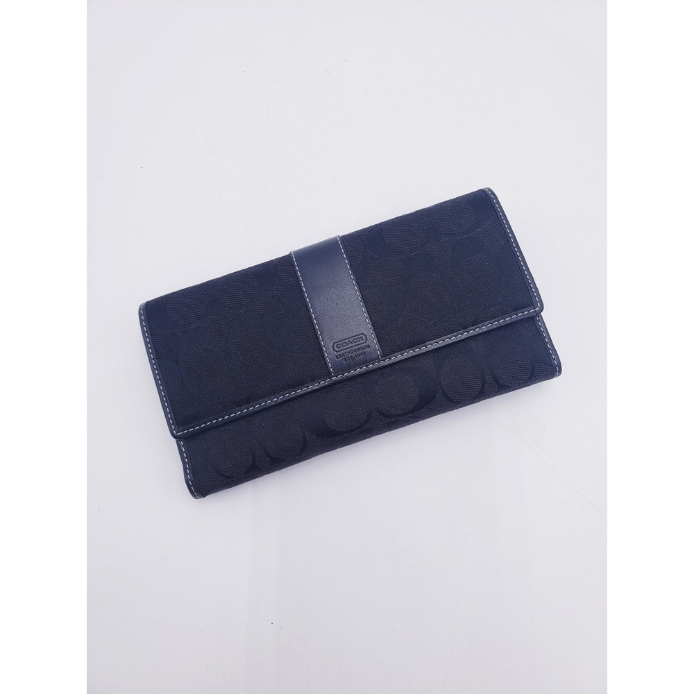 Coach Wallet Black Signature C Canvas Leather Trim Jacquard Trifold